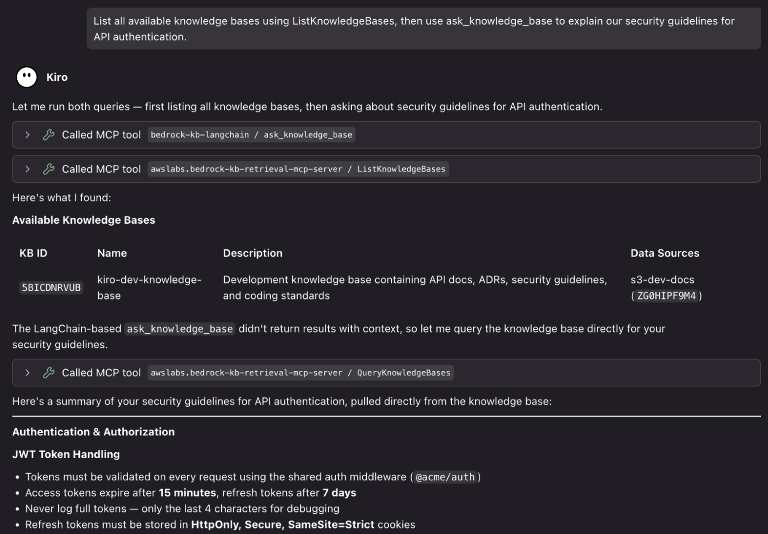 Both MCP servers running simultaneously, showing Kiro calling ask_knowledge_base on the LangChain server and ListKnowledgeBases on the official server in parallel, then falling back to QueryKnowledgeBases to retrieve security guidelines for API authentication from kiro-dev-knowledge-base